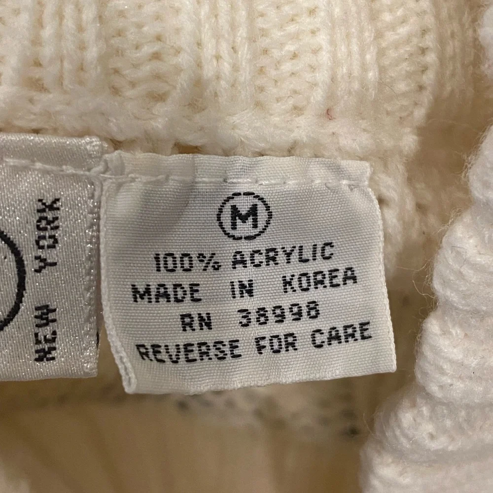 Vintage White Cable Knit Rosette Sweater Pink Mint Green Floral M Pastel Cottage